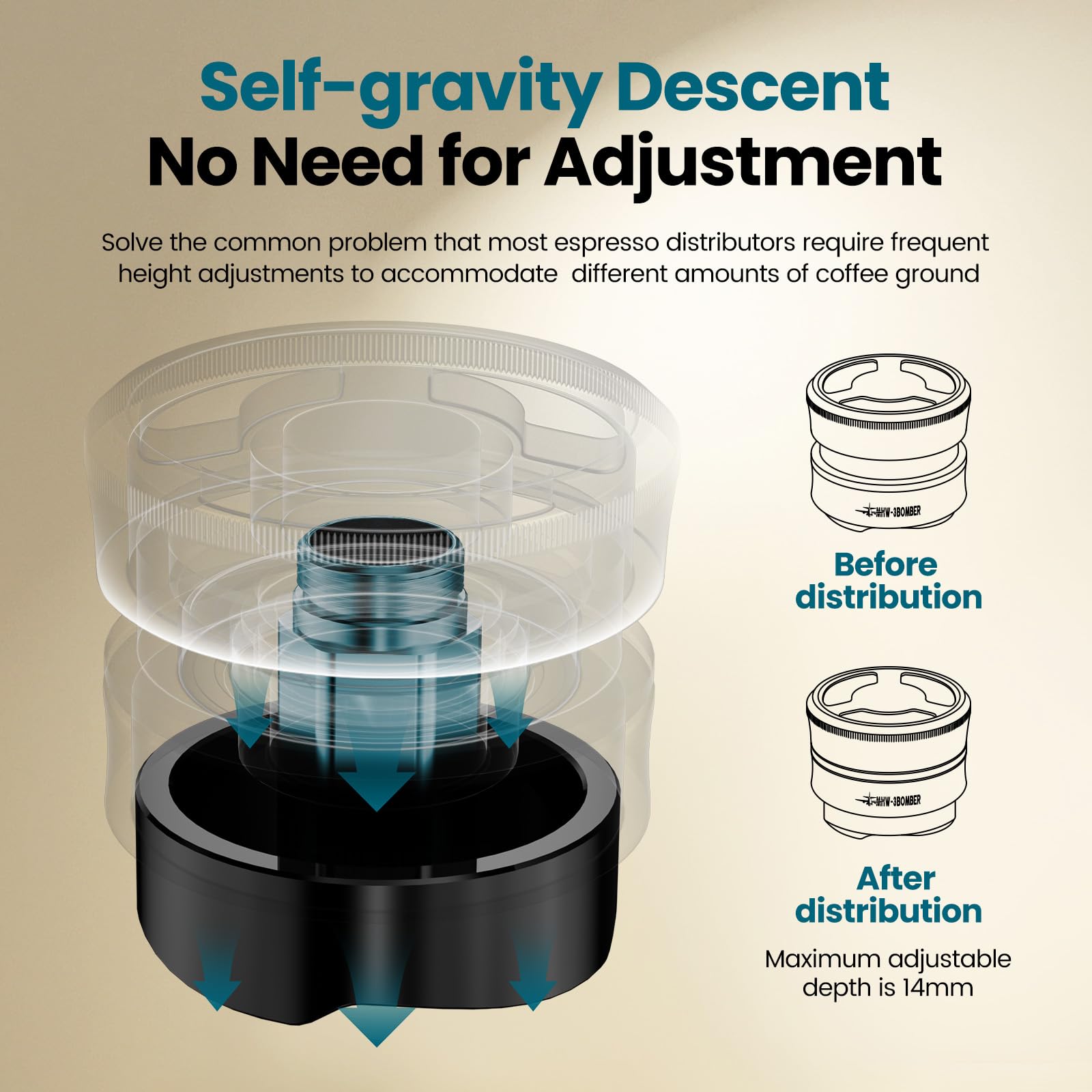 MHW-3BOMBER 58.5mm Espresso Coffee Distributor, Gravity Espresso Distribution Tool with Adaptive Height for Barista, Coffee Leveler Tools for 58mm Machine Portafilter, Astra Collection, T7021-OS - Image 5