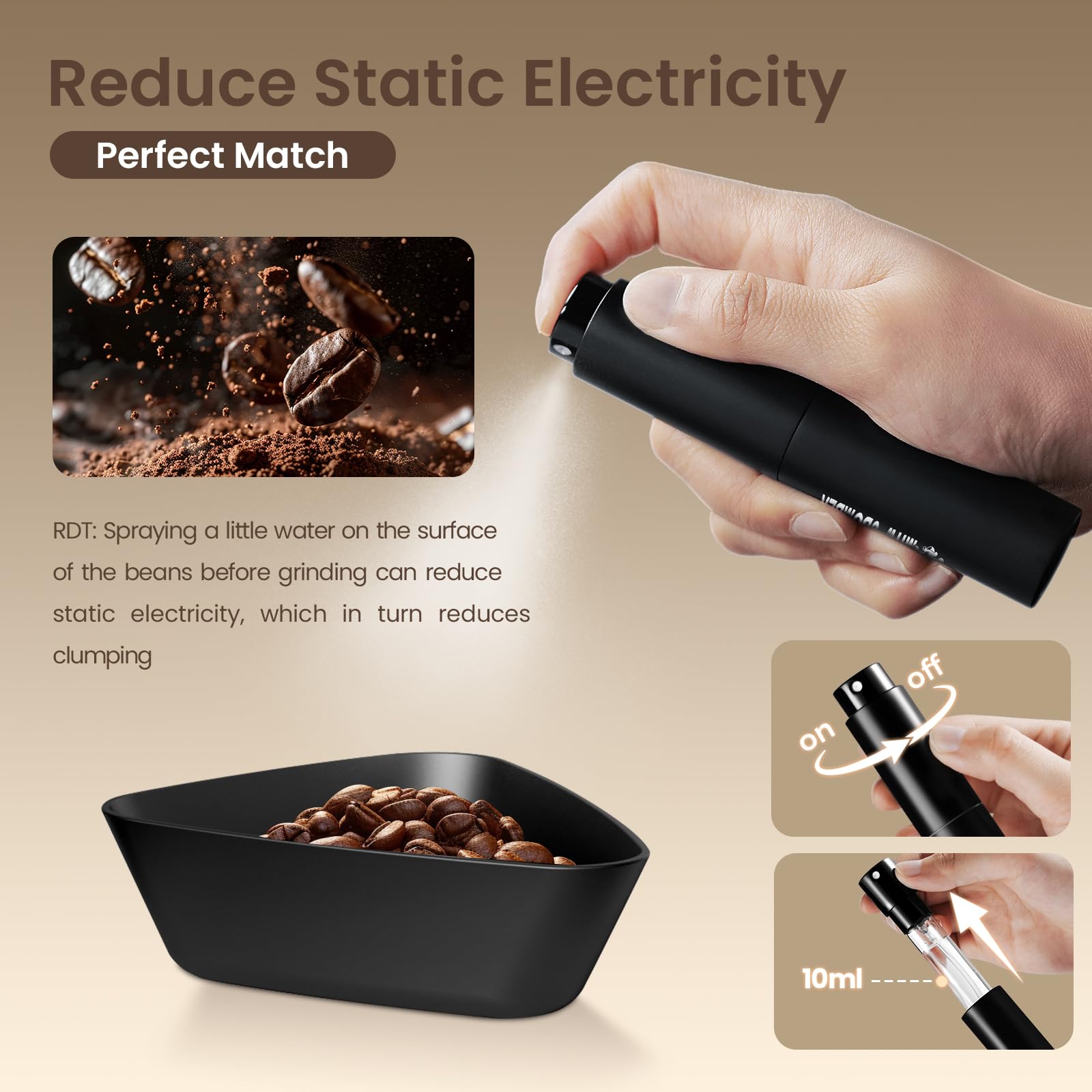 MHW-3BOMBER Coffee Bean Dosing Cup and RDT Spray Bottle Set - Aluminum Espresso Dosing Cup & 10ml Static Reduction Spray - Espresso Accessories Kit Measuring Tray for Coffee Lovers P7112B - Image 3