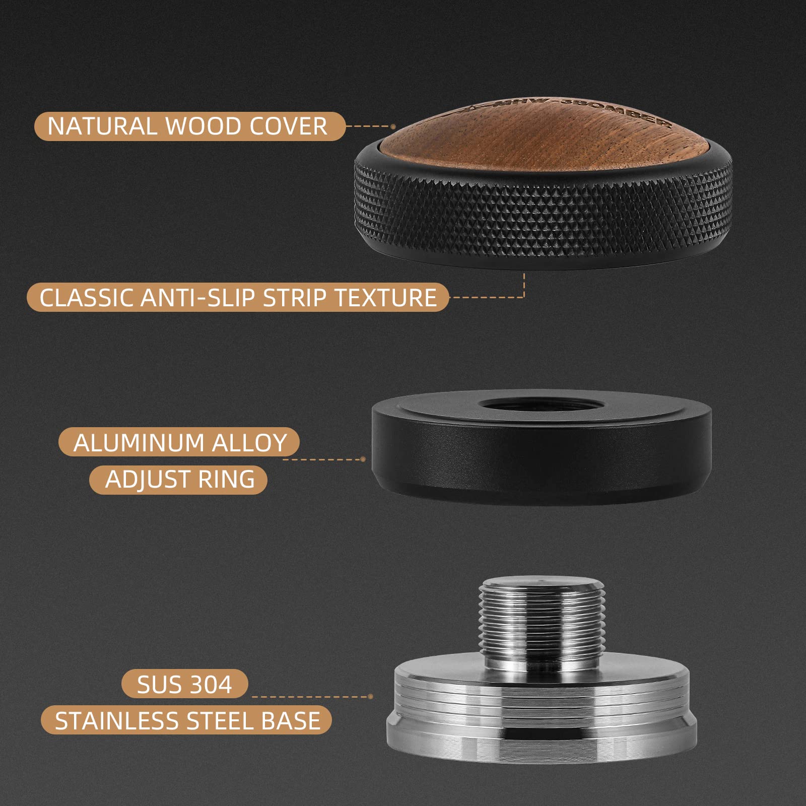 MHW-3BOMBER Espresso Coffee Distributor 58.35mm, Espresso Distribution Tool with Wooden Lid, Adjustable Height Coffee Leveler with Non-slip for 58mm Portafilters, Espresso Accessories T5270L4 - Image 7