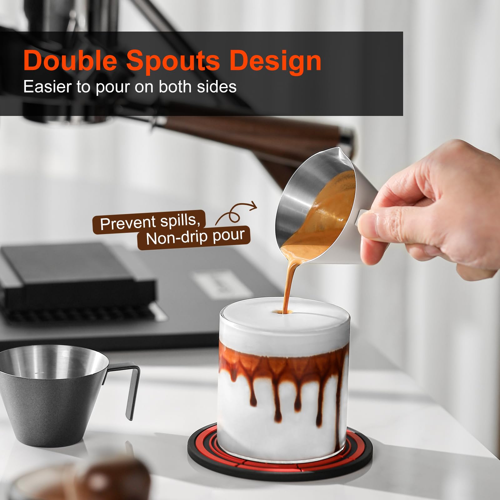 MHW-3BOMBER Espresso Measuring Cups, Double Spouts Stainless Steel Espresso Pour Cup, Espresso Shot Cups with Handle Scale, Metal Measuring Cups with V-Shaped Mouth, 3.4OZ/100ML Black G5148B-OS - Image 3