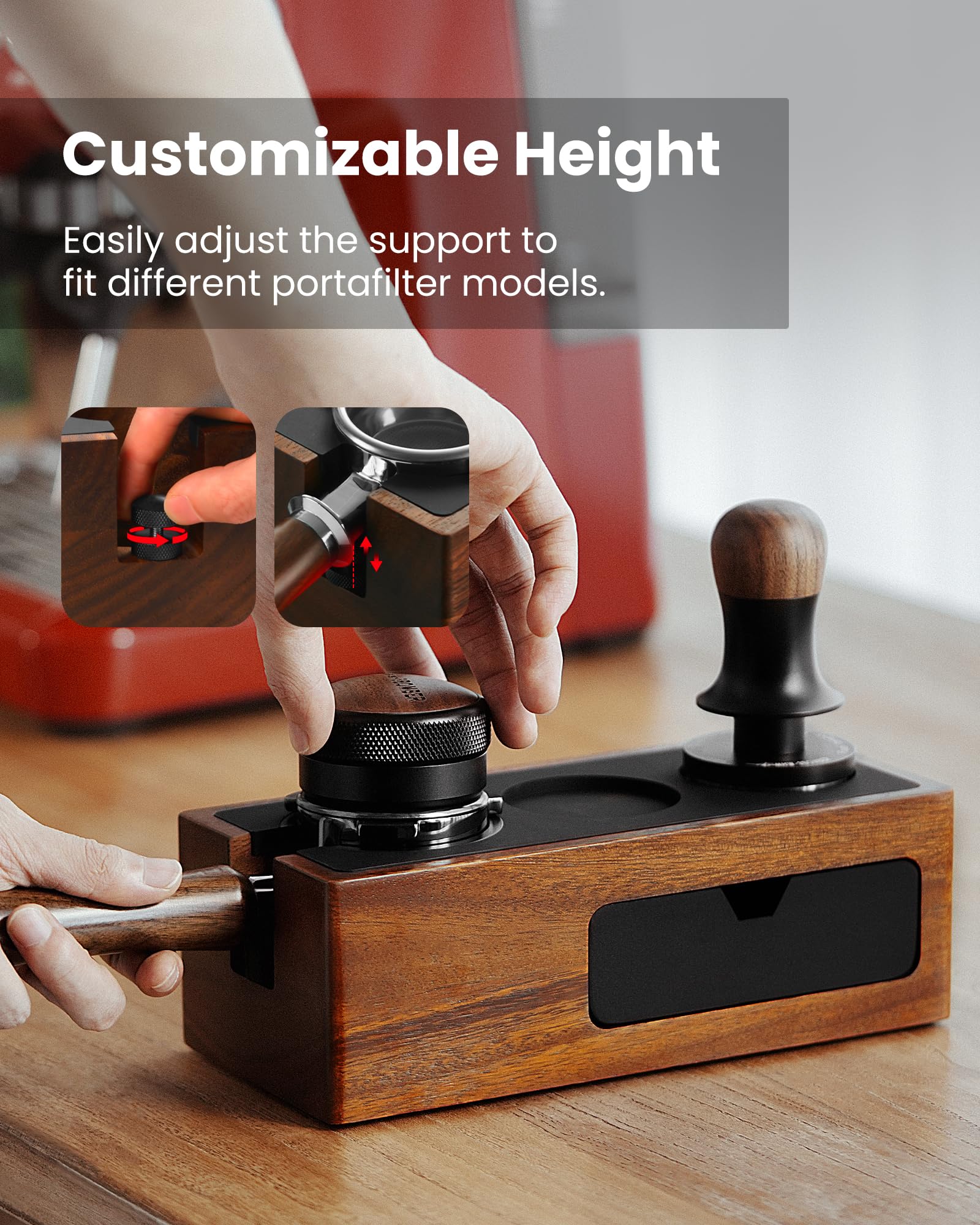 MHW-3BOMBER Espresso Tamping Station, 4 in 1 Walnut Espresso Organizer Box with Magnetic Drawer for Storage 51-58mm Espresso Tamper,Distributor,Portafilter and Espresso Accessories,CH6718 - Image 4