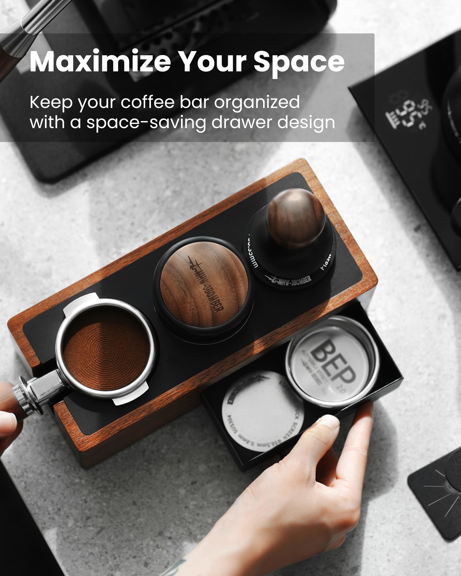 MHW-3BOMBER Espresso Tamping Station, 4 in 1 Walnut Espresso Organizer Box with Magnetic Drawer for Storage 51-58mm Espresso Tamper,Distributor,Portafilter and Espresso Accessories,CH6718 - Image 5