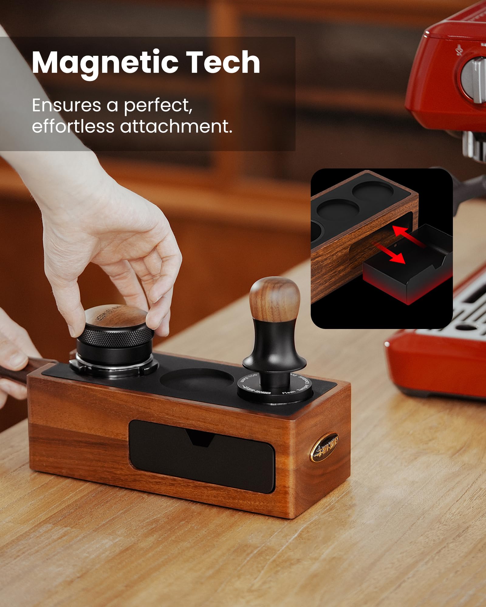 MHW-3BOMBER Espresso Tamping Station, 4 in 1 Walnut Espresso Organizer Box with Magnetic Drawer for Storage 51-58mm Espresso Tamper,Distributor,Portafilter and Espresso Accessories,CH6718 - Image 6