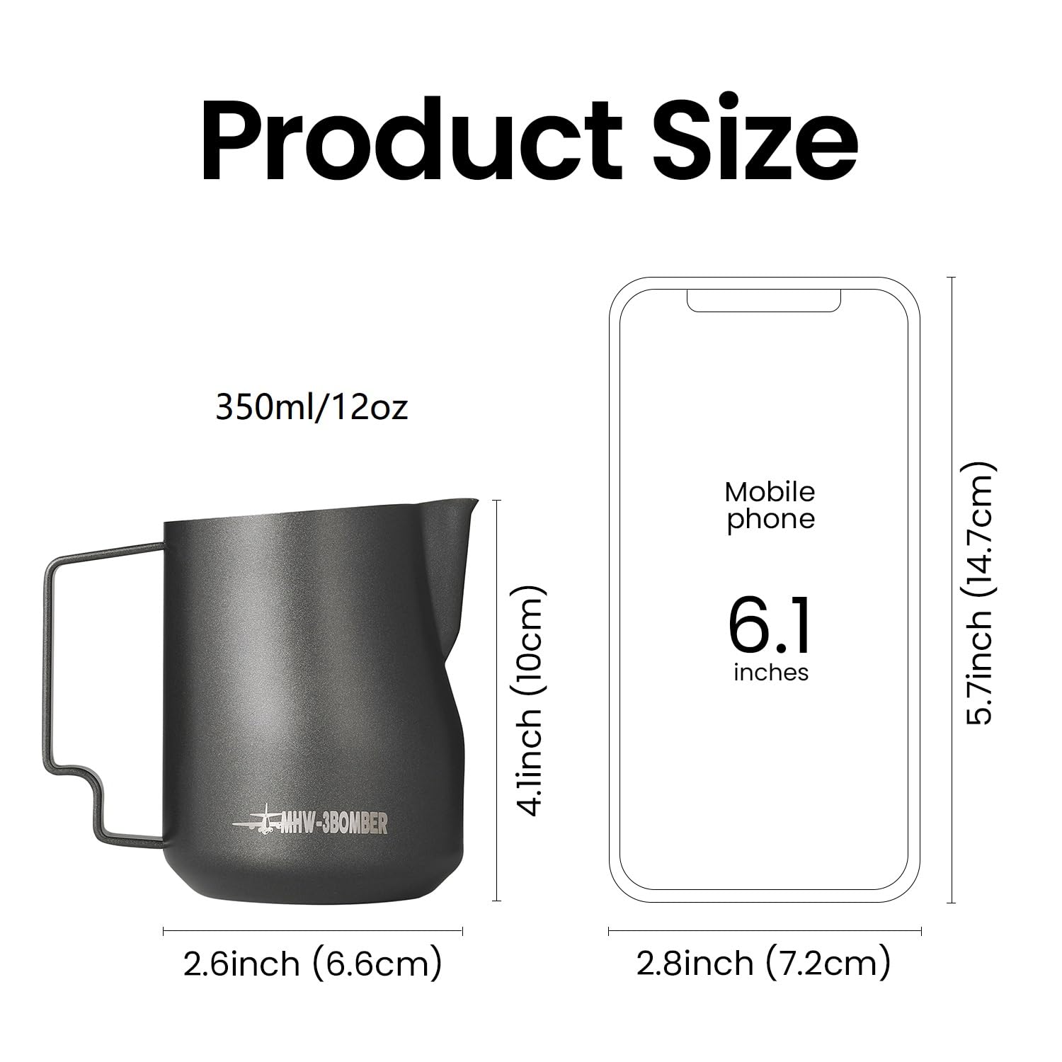 MHW-3BOMBER Milk Frothing Pitcher 12oz/350ml Milk Frother Cup Espresso Steaming Pitcher Stainless Steel Milk Frother Cup Barista Latte Art Round Spout Latte Art Pitcher P7121S - Image 3