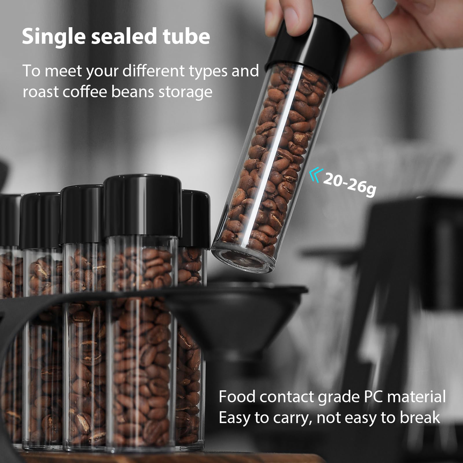 MHW-3BOMBER Single Dose Coffee Bean Storage Tubes, 8 pcs, Coffee Bean Cellars with One-Way Exhaust Valve,Espresso Dosing Vials with Walnut Stand & Hopper, C5152-OS - Image 4