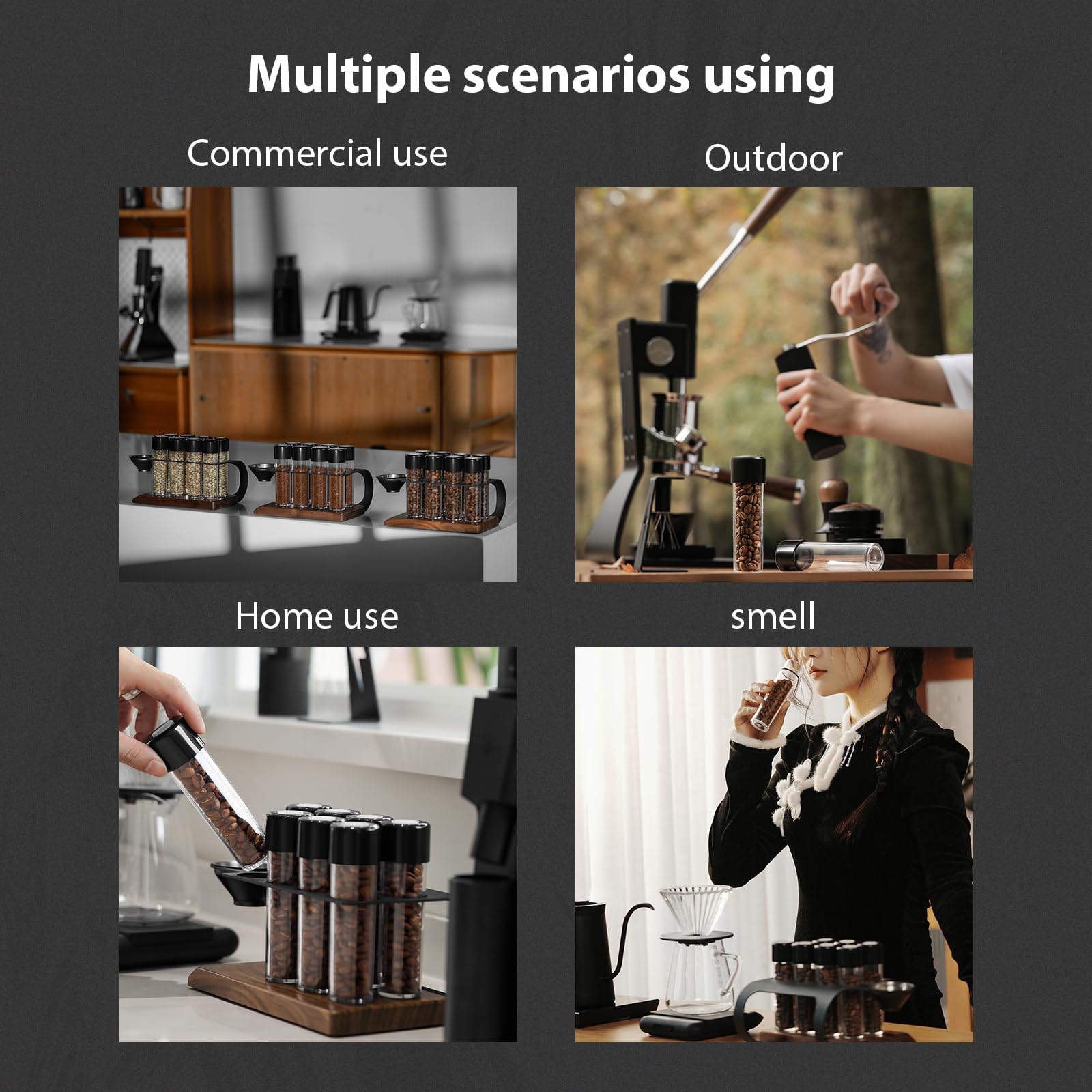 MHW-3BOMBER Single Dose Coffee Bean Storage Tubes, 8 pcs, Coffee Bean Cellars with One-Way Exhaust Valve,Espresso Dosing Vials with Walnut Stand & Hopper, C5152-OS - Image 5