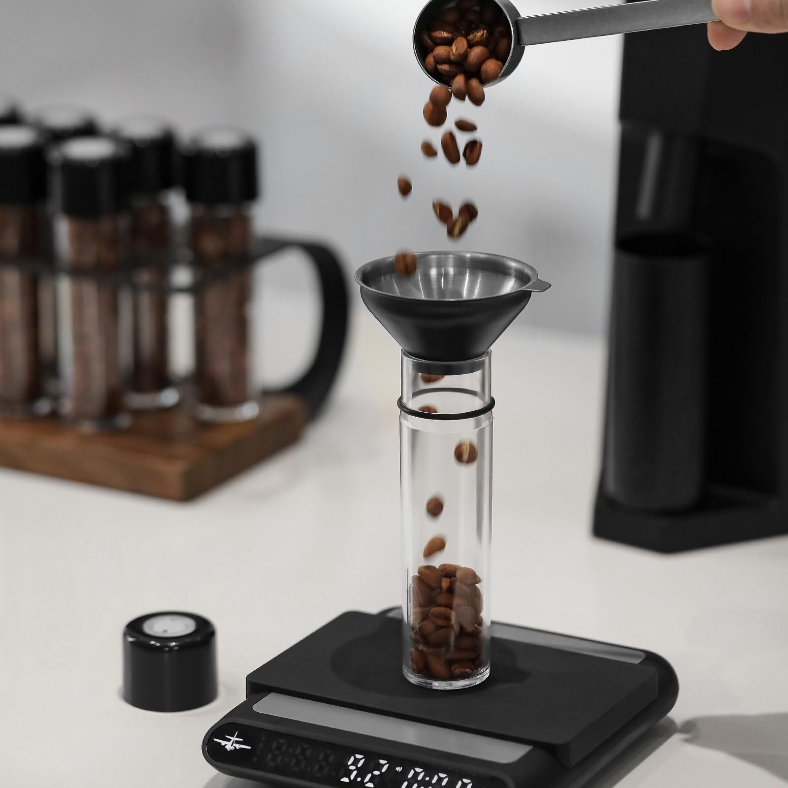 MHW-3BOMBER Single Dose Coffee Bean Storage Tubes, 8 pcs, Coffee Bean Cellars with One-Way Exhaust Valve,Espresso Dosing Vials with Walnut Stand & Hopper, C5152-OS - Image 6